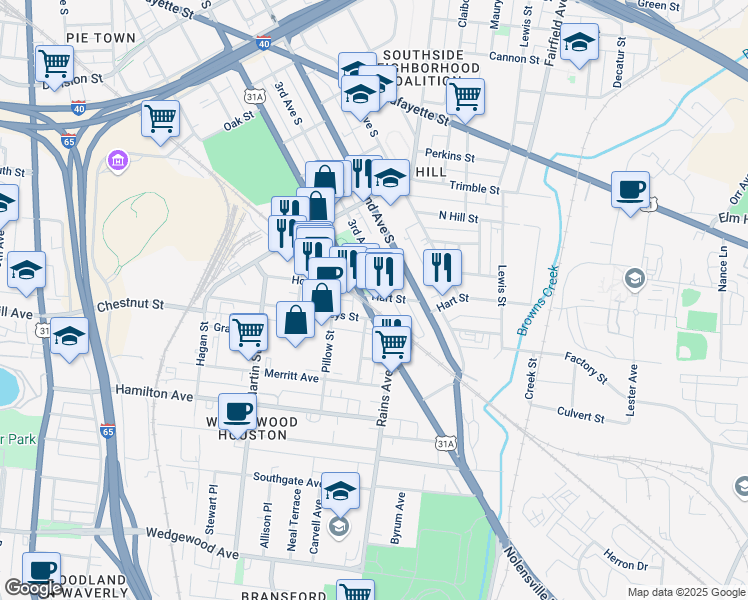 map of restaurants, bars, coffee shops, grocery stores, and more near 325 Hart Street in Nashville