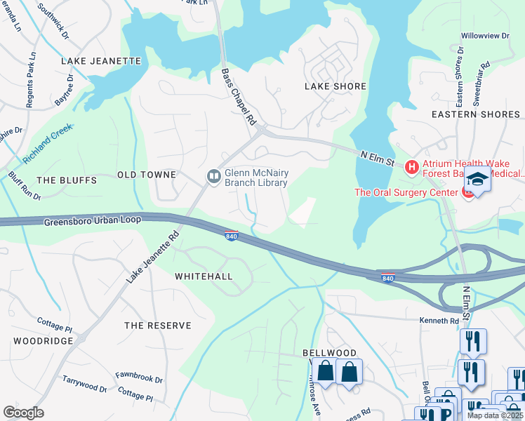 map of restaurants, bars, coffee shops, grocery stores, and more near 4704 Tuliptree Drive in Greensboro