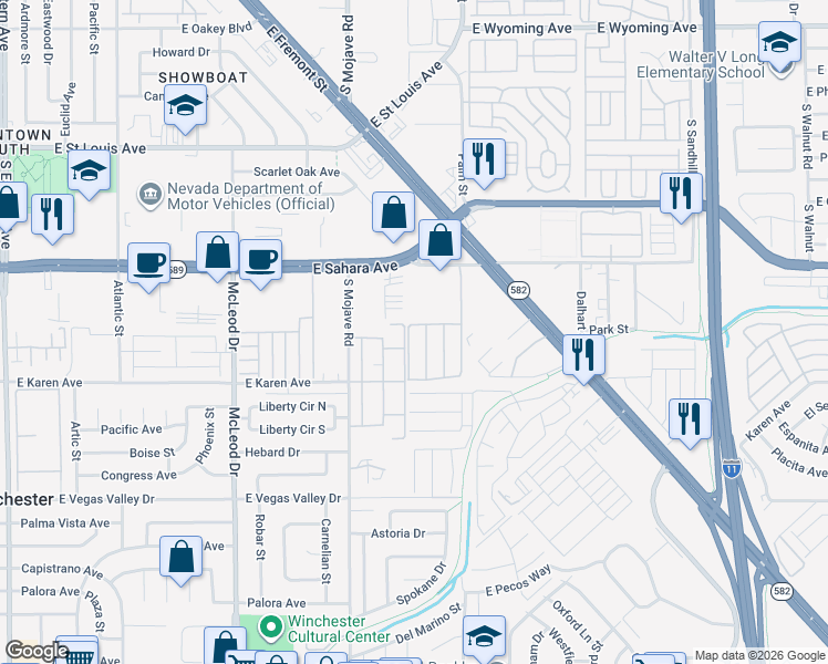 map of restaurants, bars, coffee shops, grocery stores, and more near 2608 Matogroso Lane in Las Vegas
