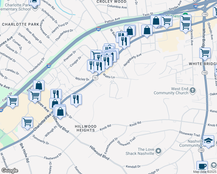 map of restaurants, bars, coffee shops, grocery stores, and more near 845 Watts Lane in Nashville