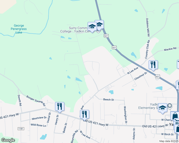 map of restaurants, bars, coffee shops, grocery stores, and more near 1144 Northwood Church Road in Yadkinville