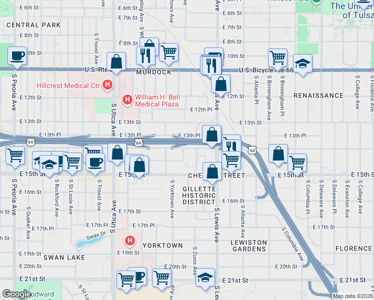 map of restaurants, bars, coffee shops, grocery stores, and more near 2206 East 14th Street in Tulsa