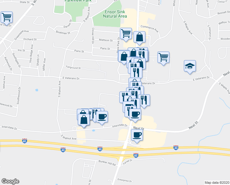 map of restaurants, bars, coffee shops, grocery stores, and more near 242 Scenic Drive in Cookeville