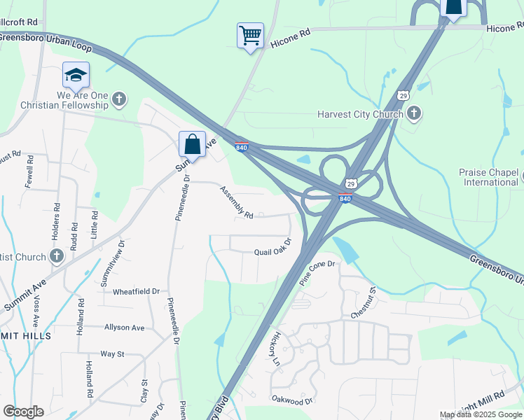 map of restaurants, bars, coffee shops, grocery stores, and more near 2721 Assembly Road in Greensboro