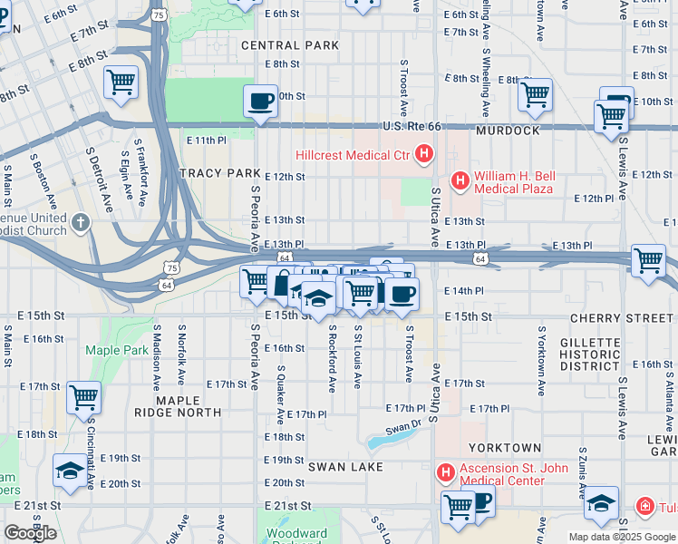 map of restaurants, bars, coffee shops, grocery stores, and more near 1508 East 14th Street in Tulsa