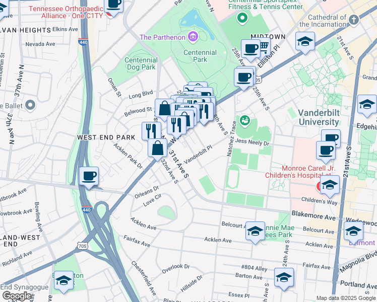map of restaurants, bars, coffee shops, grocery stores, and more near 119 30th Avenue South in Nashville