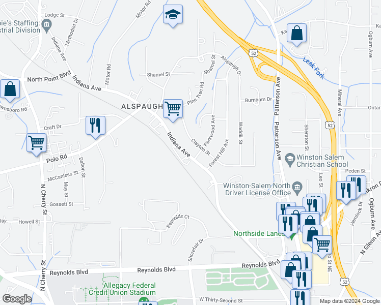map of restaurants, bars, coffee shops, grocery stores, and more near 4007 Indiana Avenue in Winston-Salem