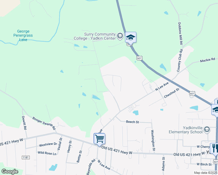 map of restaurants, bars, coffee shops, grocery stores, and more near 1144 Northwood Church Road in Yadkinville