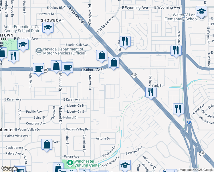 map of restaurants, bars, coffee shops, grocery stores, and more near 2608 Matogroso Lane in Las Vegas