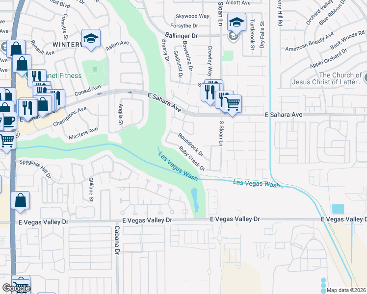 map of restaurants, bars, coffee shops, grocery stores, and more near 5691 Roundrock Drive in Las Vegas