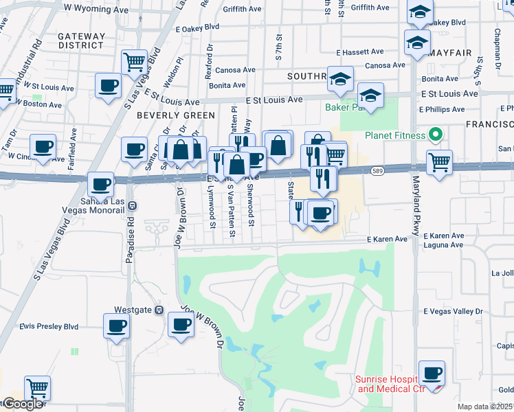 map of restaurants, bars, coffee shops, grocery stores, and more near 2575 Sherwood Street in Las Vegas