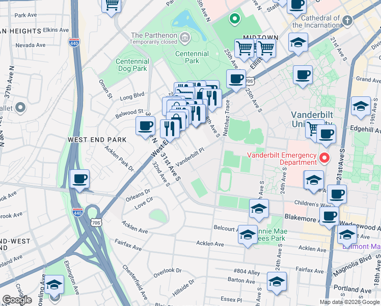 map of restaurants, bars, coffee shops, grocery stores, and more near 3000 Vanderbilt Place in Nashville