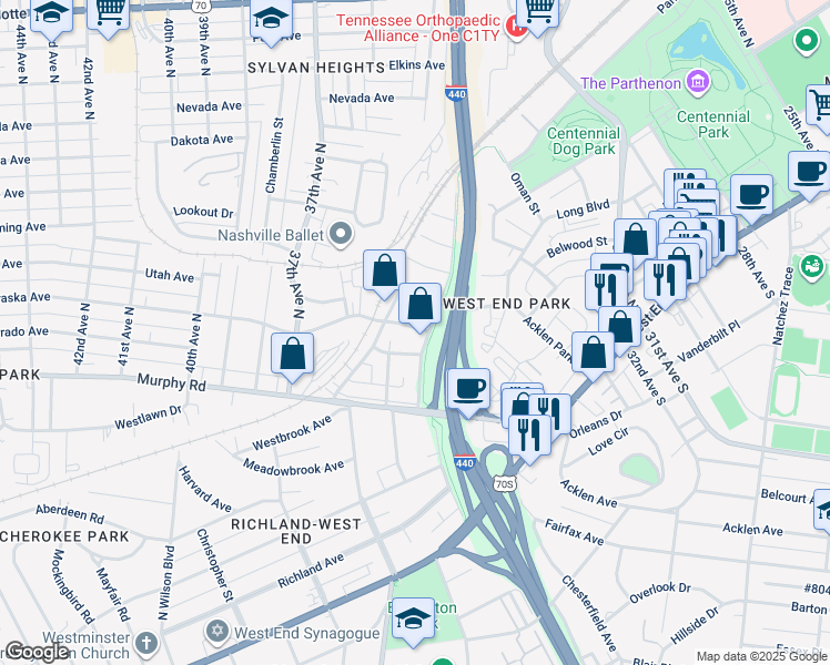map of restaurants, bars, coffee shops, grocery stores, and more near 3505C Wrenwood Drive in Nashville