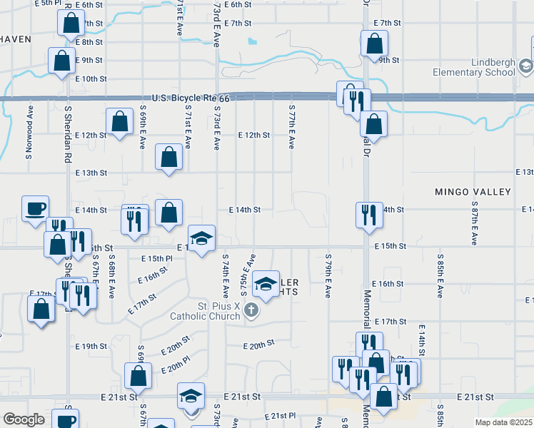 map of restaurants, bars, coffee shops, grocery stores, and more near 1349 South 76th East Avenue in Tulsa