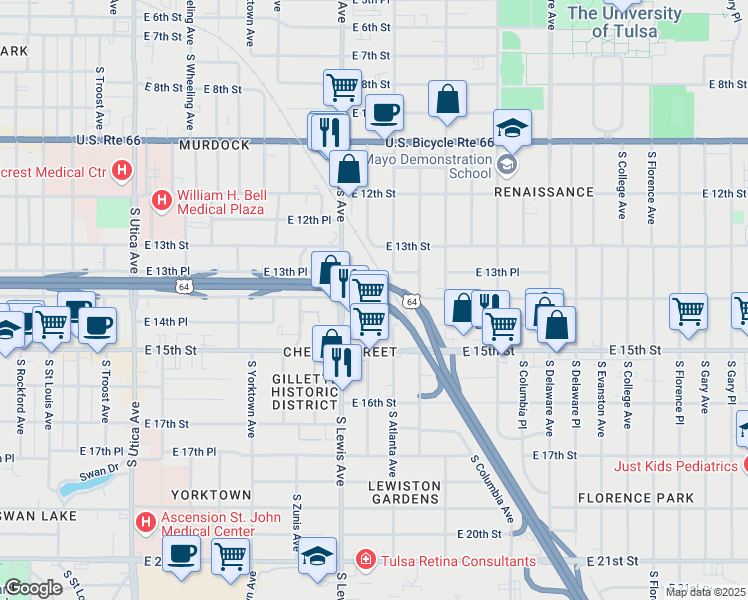 map of restaurants, bars, coffee shops, grocery stores, and more near in Tulsa