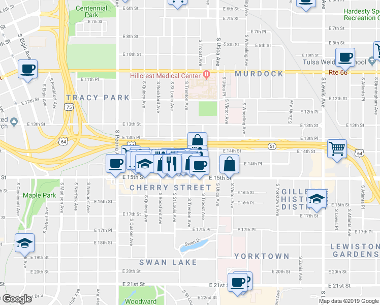 map of restaurants, bars, coffee shops, grocery stores, and more near South Trenton Avenue in Tulsa