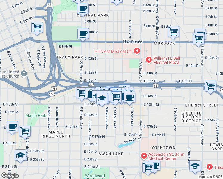 map of restaurants, bars, coffee shops, grocery stores, and more near 1508 East 14th Street in Tulsa
