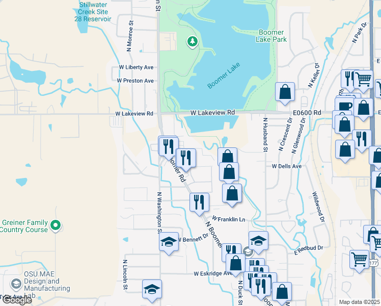 map of restaurants, bars, coffee shops, grocery stores, and more near 619 West Highpoint Drive in Stillwater