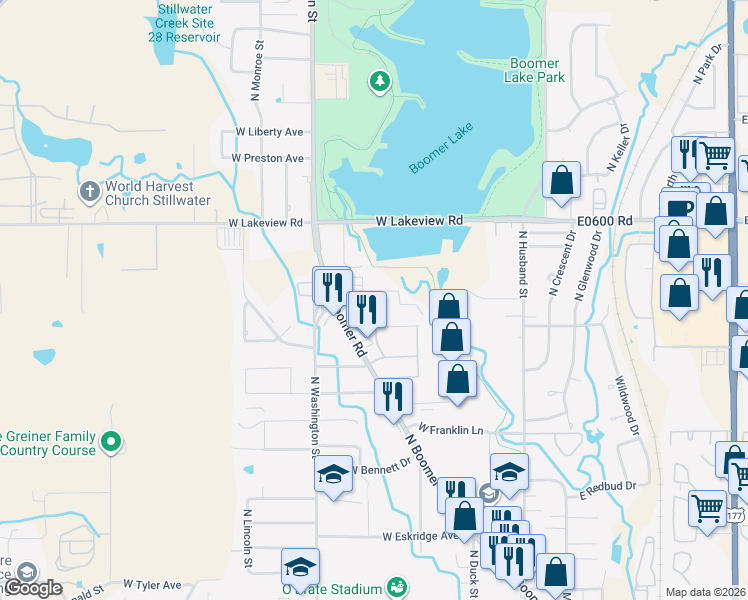 map of restaurants, bars, coffee shops, grocery stores, and more near 619 West Highpoint Drive in Stillwater