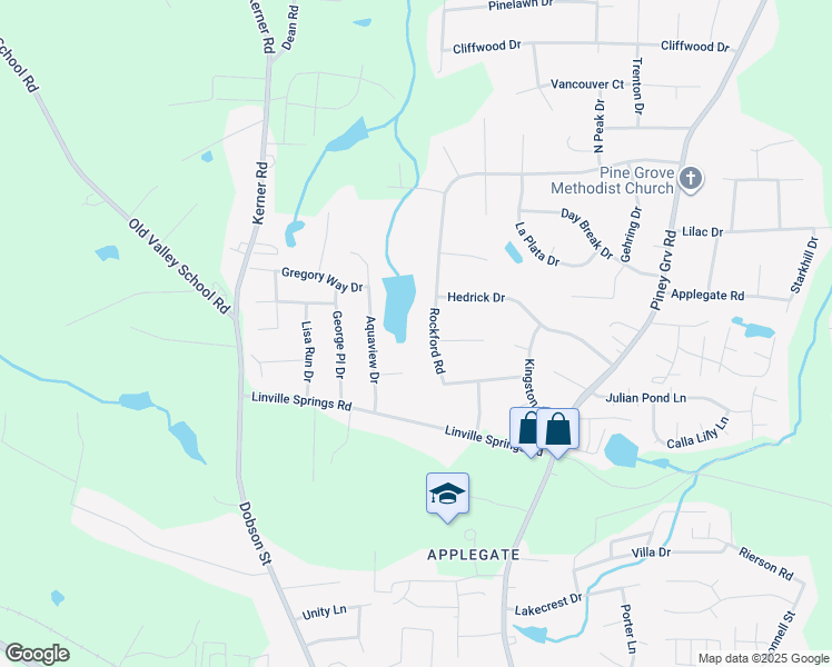 map of restaurants, bars, coffee shops, grocery stores, and more near 225 Rockford Road in Kernersville