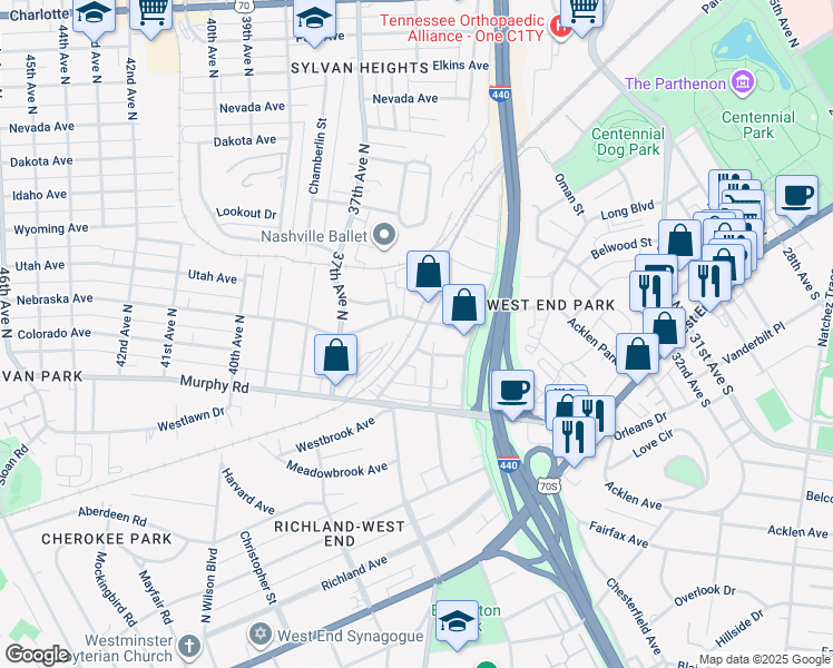 map of restaurants, bars, coffee shops, grocery stores, and more near 502 Acklen Park Drive in Nashville