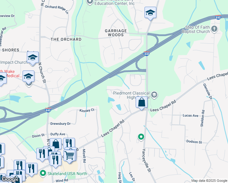 map of restaurants, bars, coffee shops, grocery stores, and more near 1373 Lees Chapel Road in Greensboro