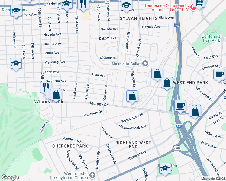 map of restaurants, bars, coffee shops, grocery stores, and more near 123 39th Avenue North in Nashville