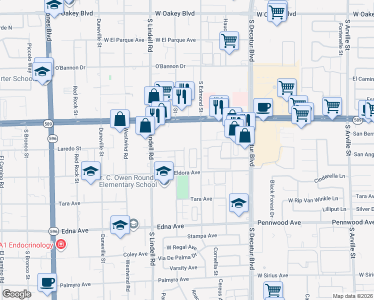 map of restaurants, bars, coffee shops, grocery stores, and more near 2634 Rimpacific Circle in Las Vegas