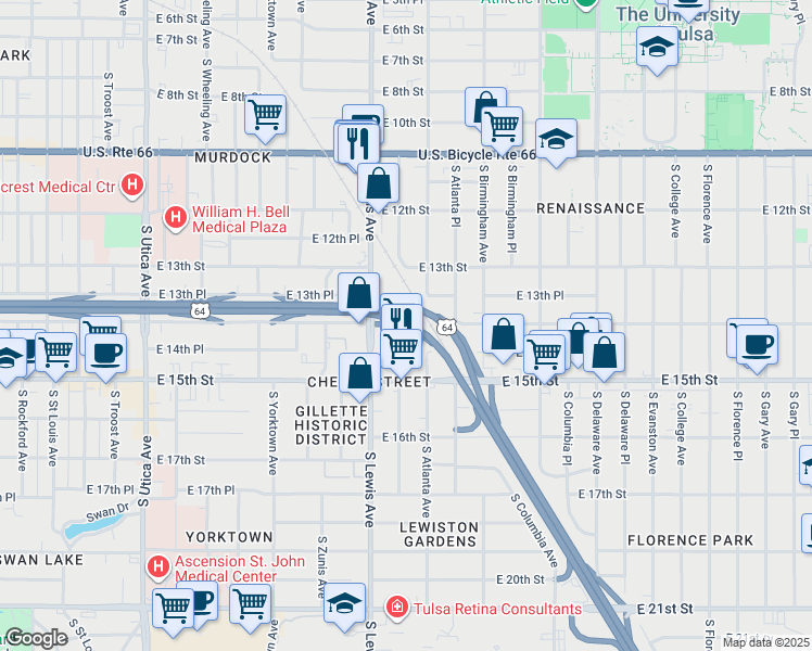 map of restaurants, bars, coffee shops, grocery stores, and more near in Tulsa