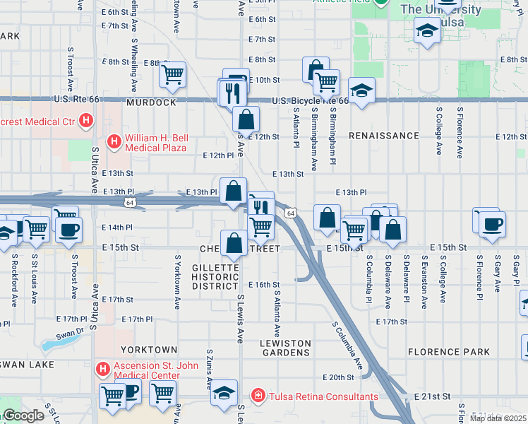 map of restaurants, bars, coffee shops, grocery stores, and more near in Tulsa