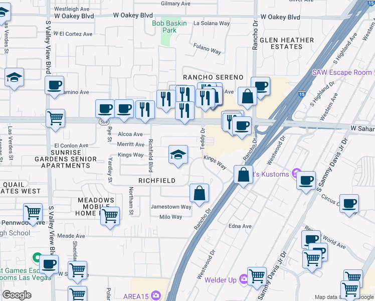 map of restaurants, bars, coffee shops, grocery stores, and more near 2721 Merritt Avenue in Las Vegas
