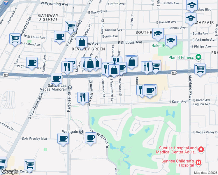 map of restaurants, bars, coffee shops, grocery stores, and more near 2575 South Van Patten Street in Las Vegas