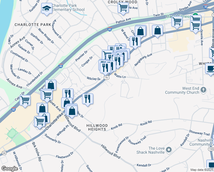 map of restaurants, bars, coffee shops, grocery stores, and more near 6415 Charlotte Road Circle in Nashville