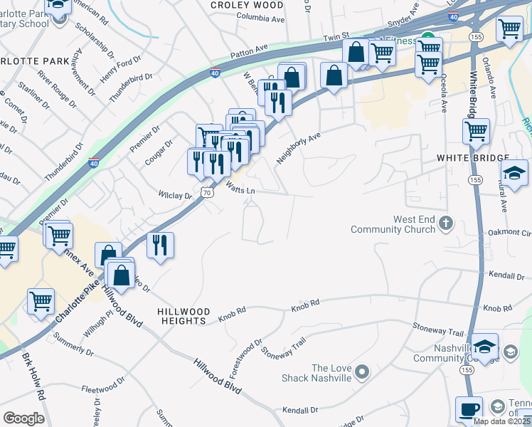 map of restaurants, bars, coffee shops, grocery stores, and more near 913 Watts Circle in Nashville