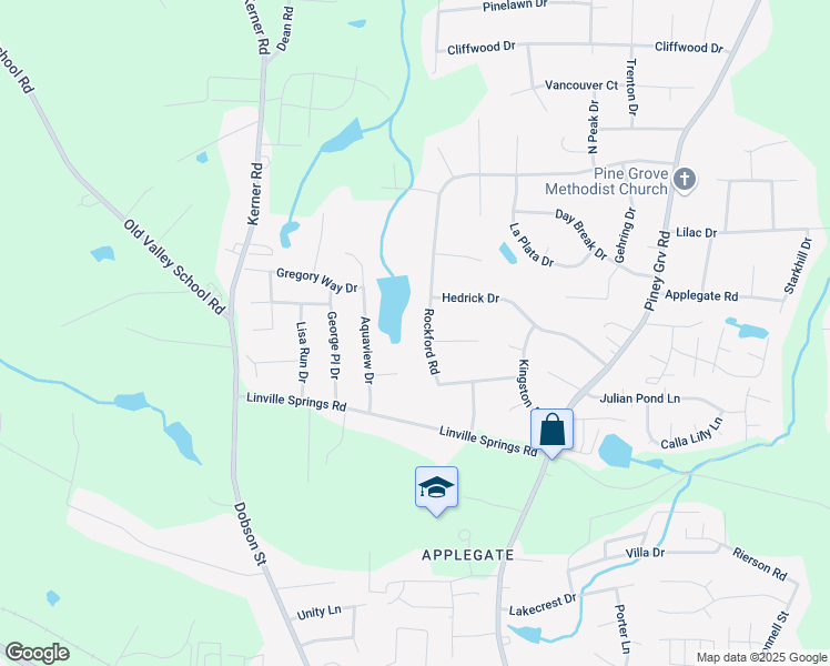 map of restaurants, bars, coffee shops, grocery stores, and more near 225 Rockford Road in Kernersville