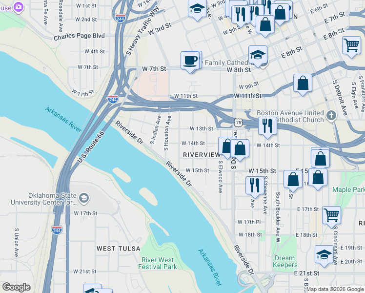 map of restaurants, bars, coffee shops, grocery stores, and more near 1405 South Galveston Avenue in Tulsa