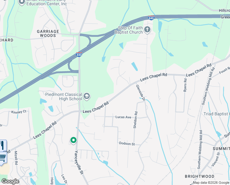 map of restaurants, bars, coffee shops, grocery stores, and more near 1513 Lees Chapel Road in Greensboro