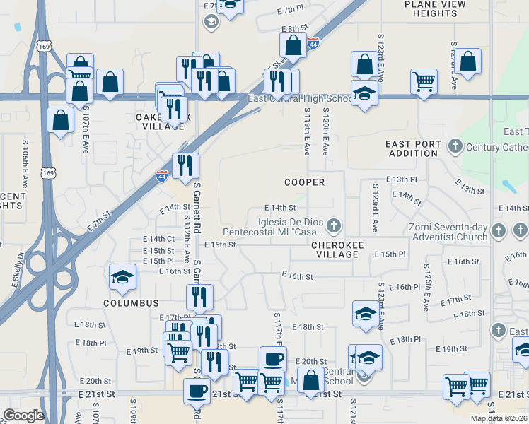 map of restaurants, bars, coffee shops, grocery stores, and more near 11646 East 14th Street in Tulsa
