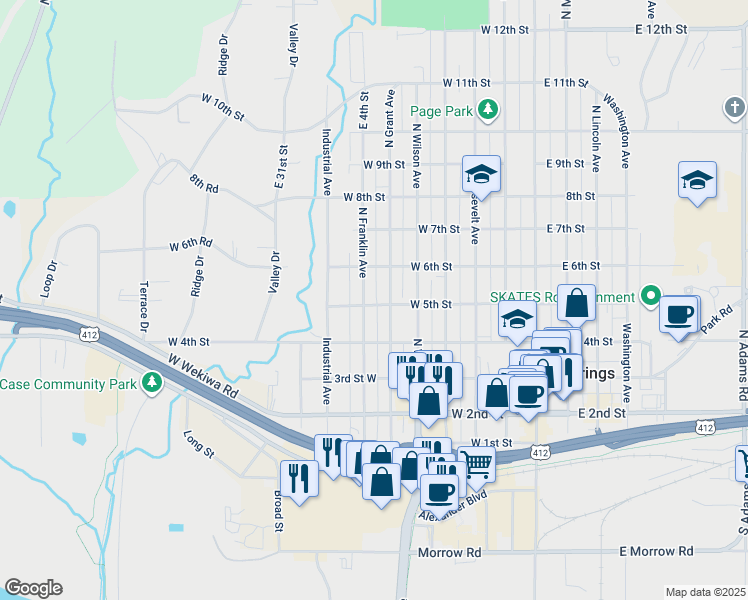 map of restaurants, bars, coffee shops, grocery stores, and more near 505 West 5th Street in Sand Springs