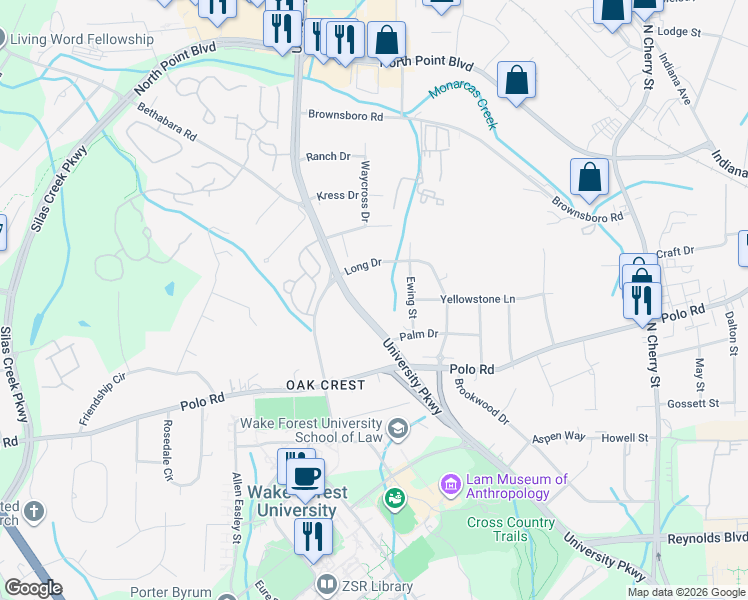 map of restaurants, bars, coffee shops, grocery stores, and more near 3731 University Parkway in Winston-Salem