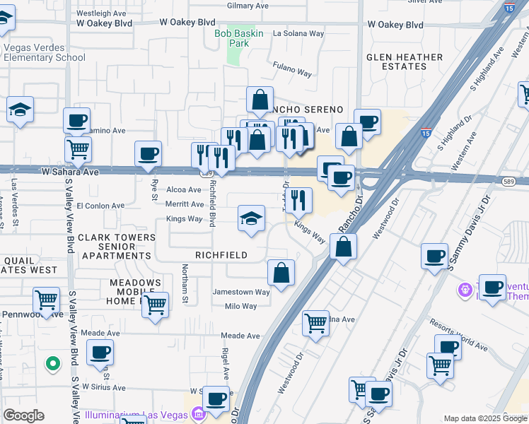 map of restaurants, bars, coffee shops, grocery stores, and more near 2721 Merritt Avenue in Las Vegas