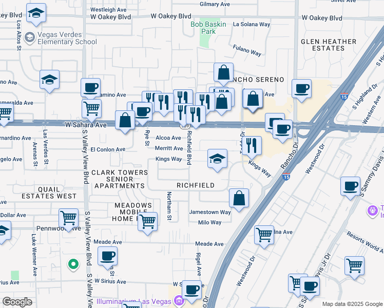 map of restaurants, bars, coffee shops, grocery stores, and more near 2909 Merritt Avenue in Las Vegas