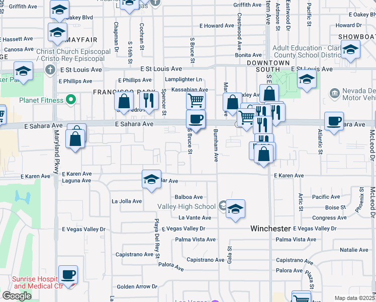 map of restaurants, bars, coffee shops, grocery stores, and more near 25 South Bruce Street in Las Vegas