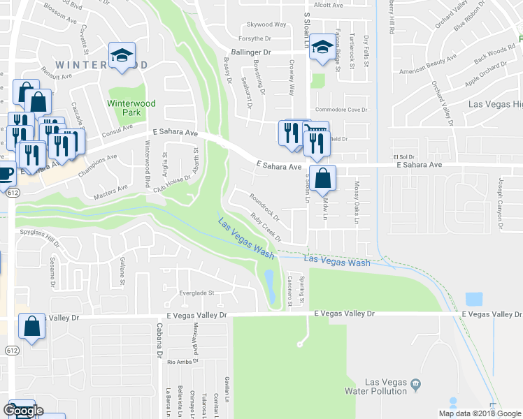 map of restaurants, bars, coffee shops, grocery stores, and more near 5691 Roundrock Drive in Las Vegas