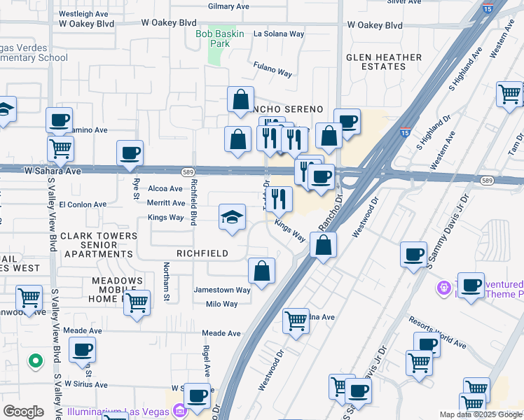 map of restaurants, bars, coffee shops, grocery stores, and more near 2701 Merritt Avenue in Las Vegas