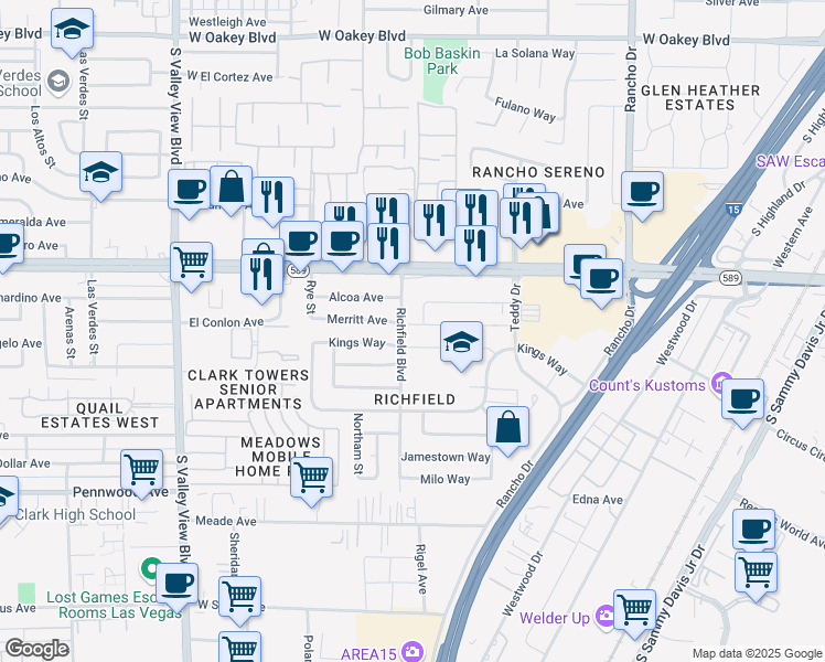 map of restaurants, bars, coffee shops, grocery stores, and more near 2905 Merritt Avenue in Las Vegas