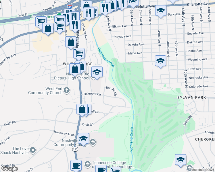 map of restaurants, bars, coffee shops, grocery stores, and more near 5522 Bon Air Circle in Nashville