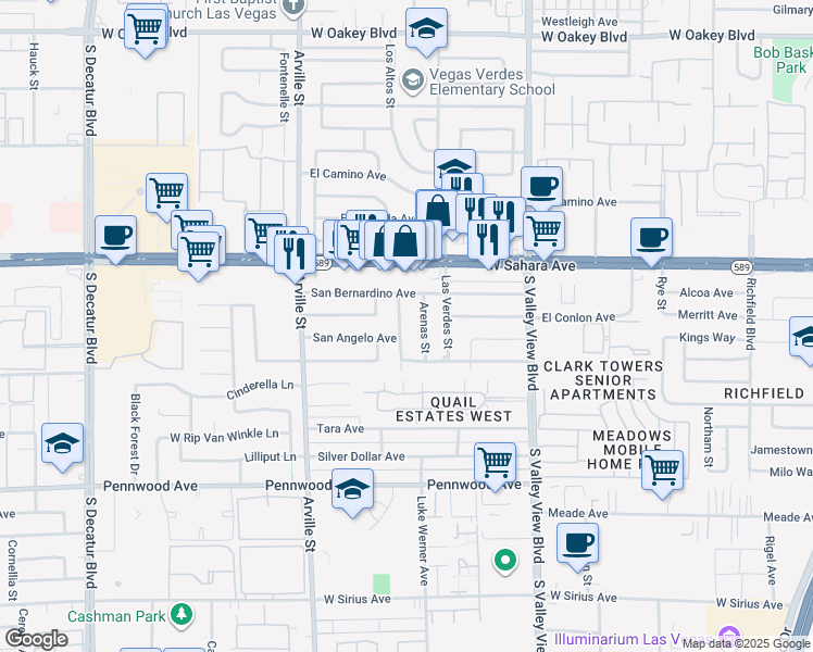map of restaurants, bars, coffee shops, grocery stores, and more near 2605 Amarillo Street in Las Vegas