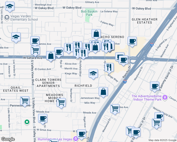 map of restaurants, bars, coffee shops, grocery stores, and more near 2821 Merritt Avenue in Las Vegas