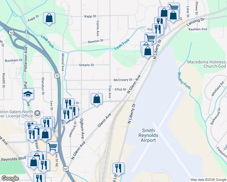map of restaurants, bars, coffee shops, grocery stores, and more near 808 Efird Street in Winston-Salem